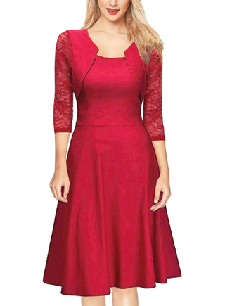 Women's 3/4 Sleeve Lace A-Line Midi Dress
