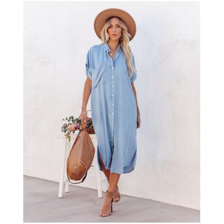 Women's Button-Down Denim Shirt Midi Dress