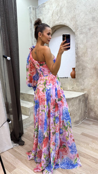 Women's Floral One Shoulder Evening Maxi Dress