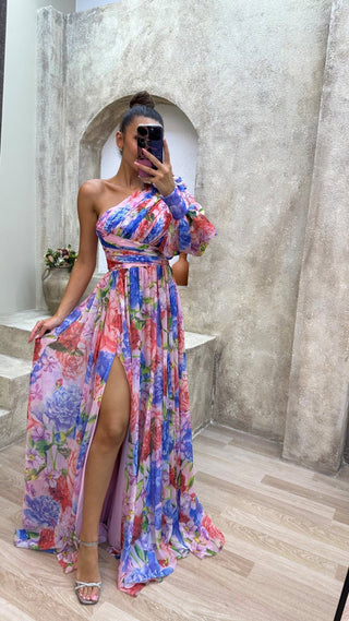 Women's Floral One Shoulder Evening Maxi Dress