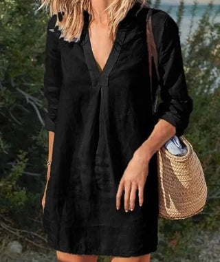 Women's Long Sleeve V-Neck Mini Shirt Dress