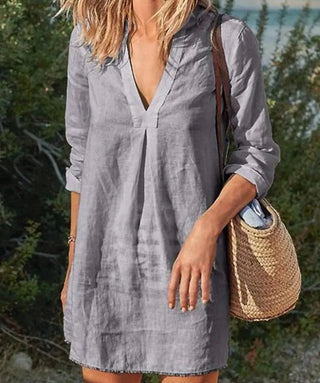 Women's Long Sleeve V-Neck Mini Shirt Dress