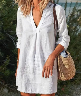 Women's Long Sleeve V-Neck Mini Shirt Dress