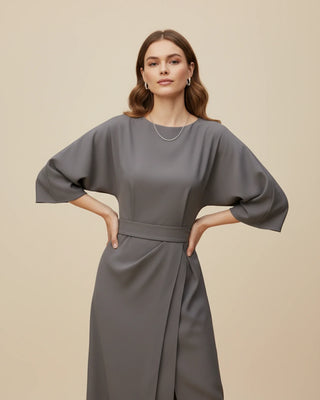 Women's Elegant Belted Dress with Lantern Sleeves