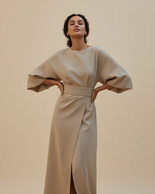 Women's Elegant Belted Dress with Lantern Sleeves
