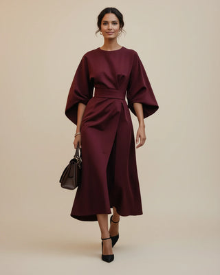Women's Elegant Belted Dress with Lantern Sleeves