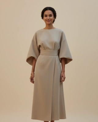 Women's Elegant Belted Dress with Lantern Sleeves