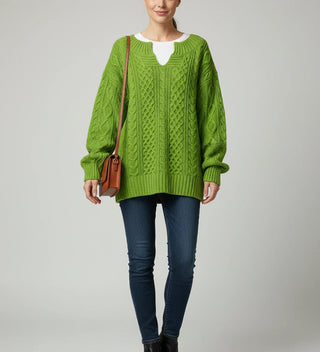 Women's Oversized Cable Knit V-Neck Sweater