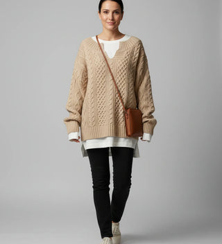 Women's Oversized Cable Knit V-Neck Sweater