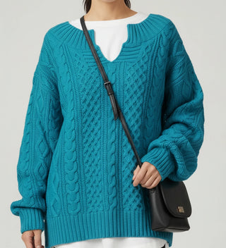 Women's Oversized Cable Knit V-Neck Sweater