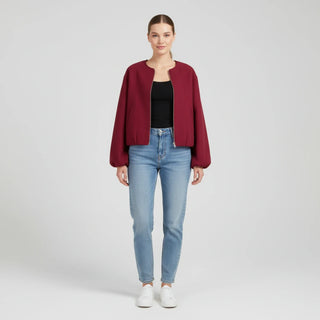 Women's Balloon Sleeve Zip-Up Bomber Jacket