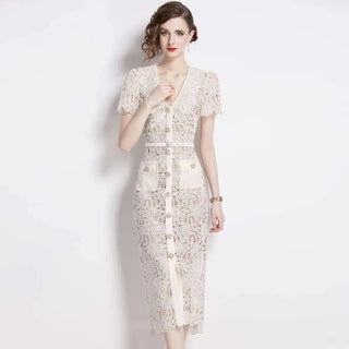Women's Belted Lace Midi Dress