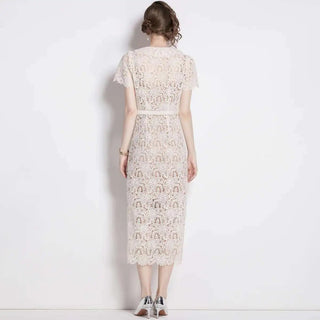 Women's Belted Lace Midi Dress